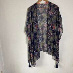 Jolt Blue Semi Sheer Floral Kimono Cover Up‎ SZ XL Duster Tassels Beach Boho